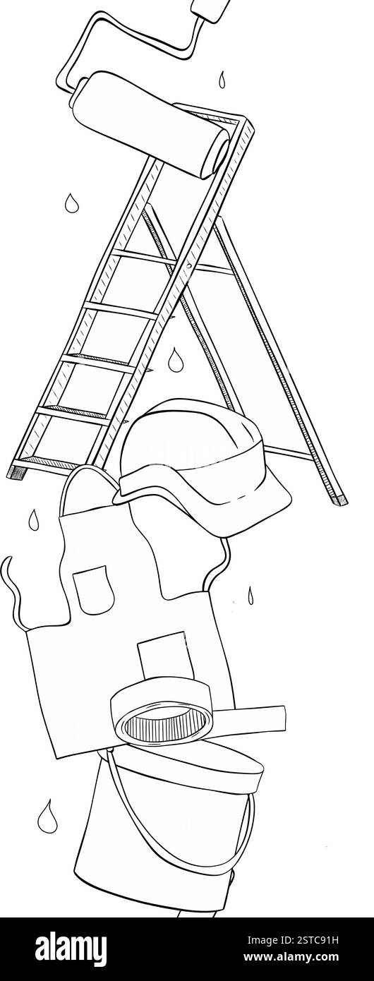 Black and white graphic line seamless vertical border with set of painting,drawing equipment step ladder, roller, can color, apron, helmet. Hand drawn Stock Vector