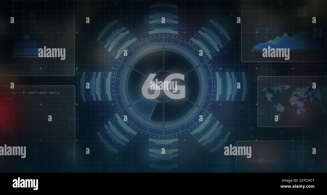 Image of data processing over scope scanning and 6g text Stock Photo