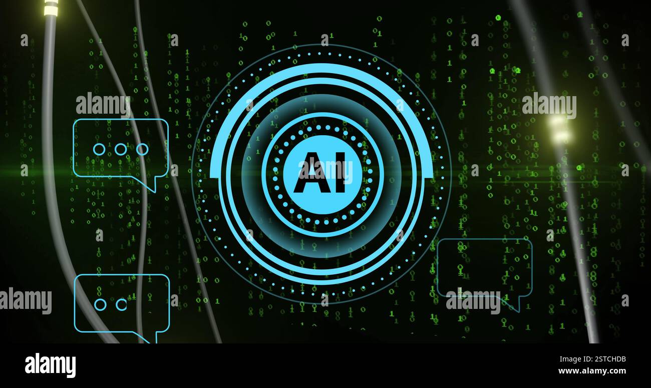 AI text bubbles and binary code image over green digital background Stock Photo