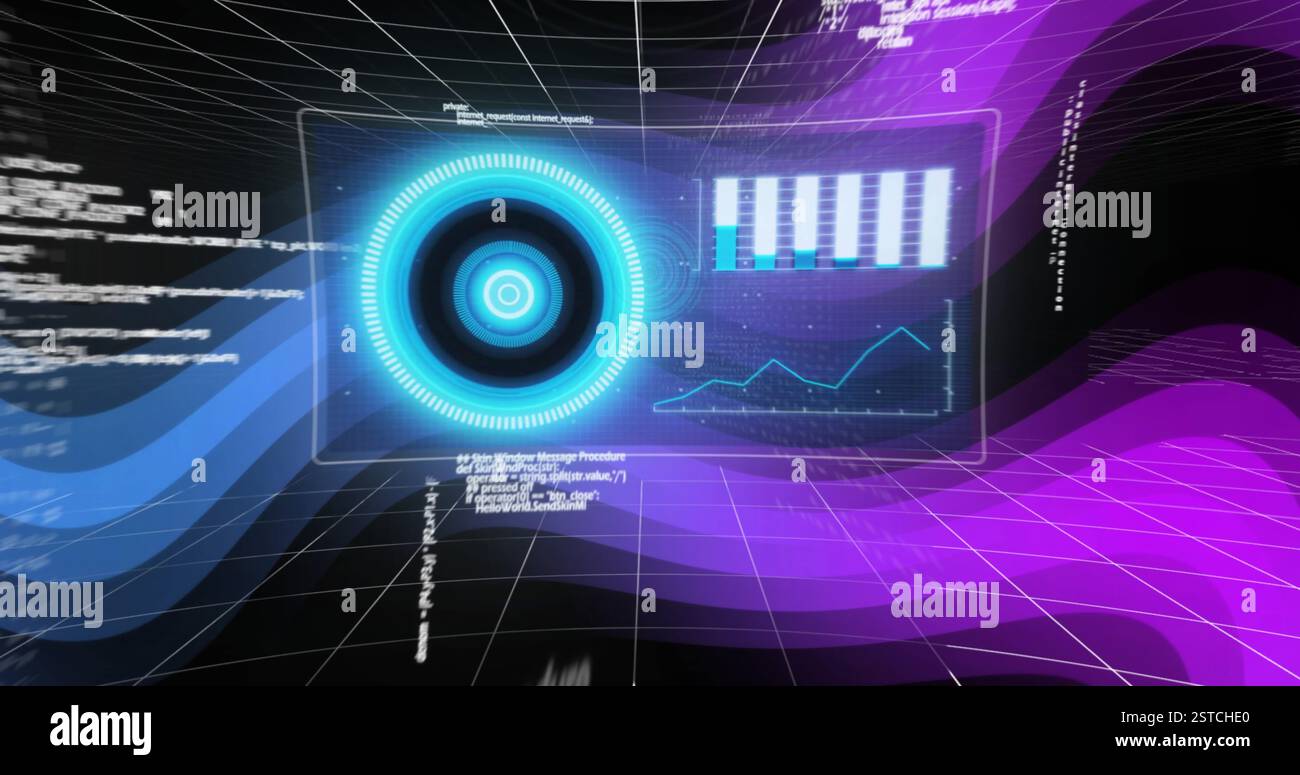 Futuristic digital interface image with circular patterns over grid background Stock Photo