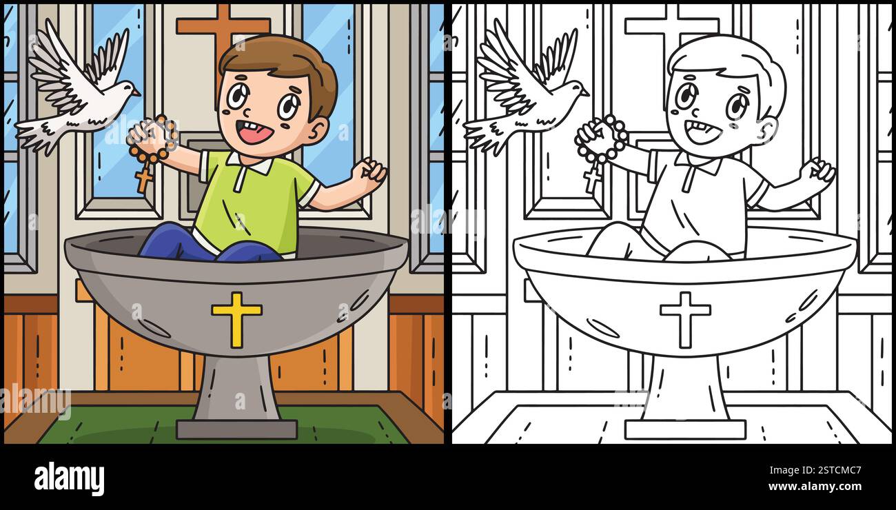 Baptism Child in Font Coloring Page Illustration Stock Vector Image ...