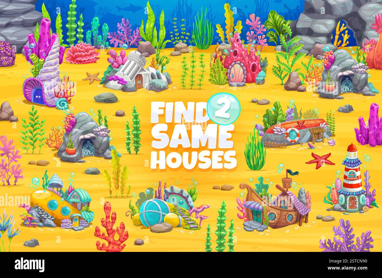 Find two same underwater house buildings, kids game worksheet. Same ...