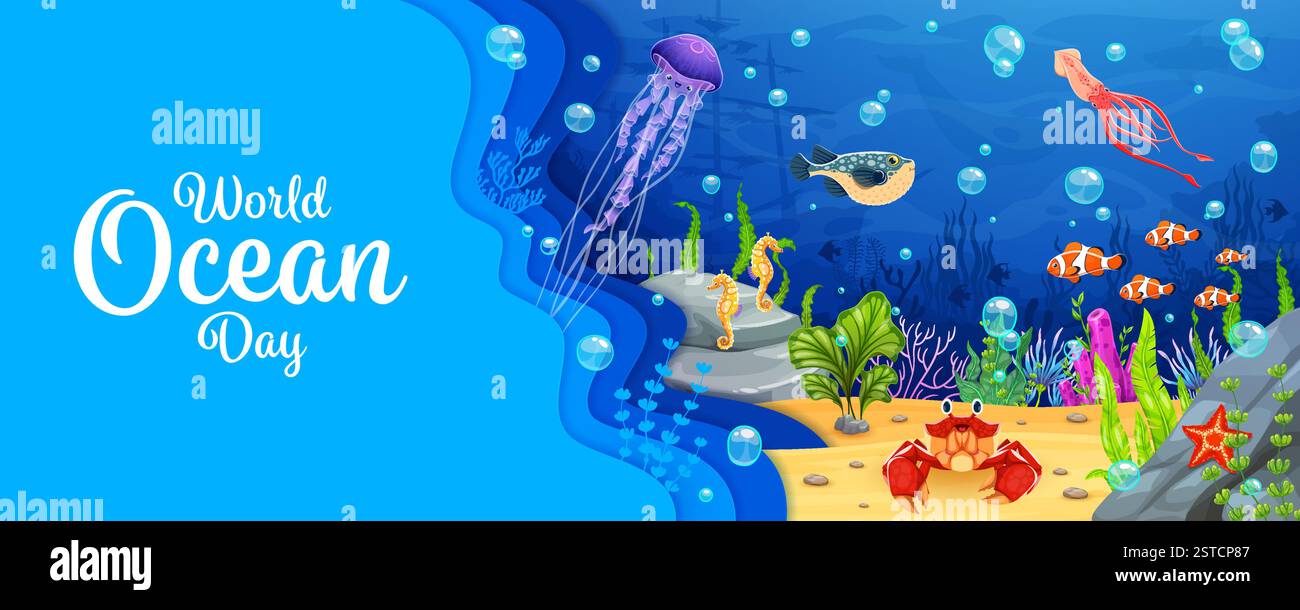 World ocean day paper cut banner with sunken ship and sea animals ...