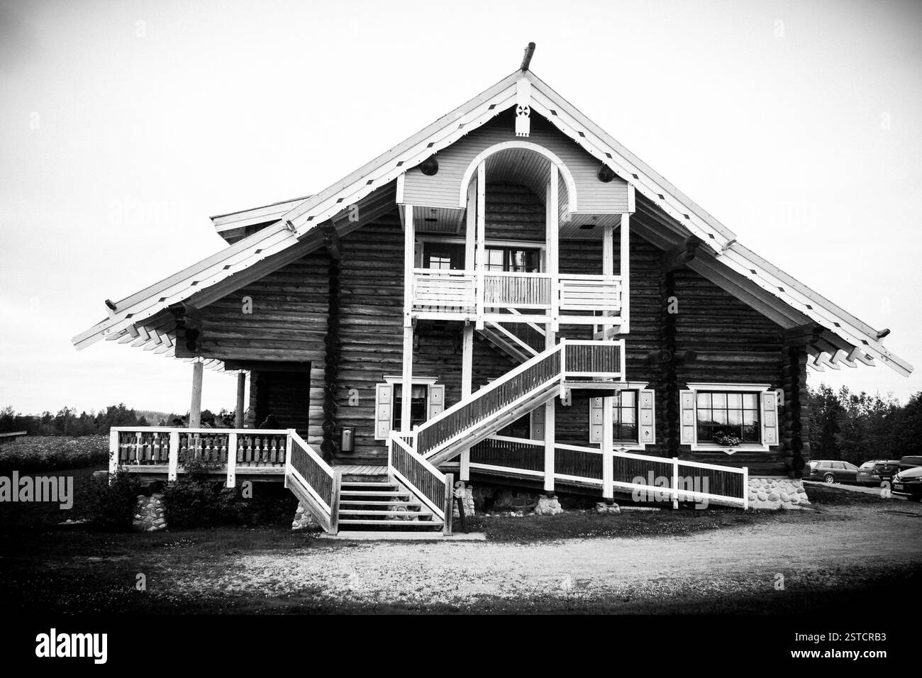 Traditional log building at Parppeinvaara Runesinger’s Village, Ilomantsi, Finland, showcasing Nordic wooden architecture and cultural heritage. Stock Photo