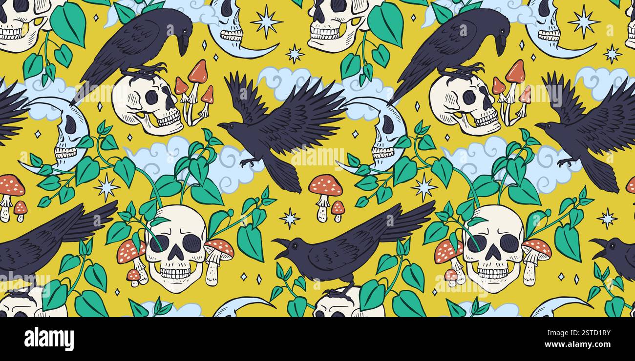 Seamless pattern with hand drawn inky ravens or crows sitting on human skulls Stock Vector