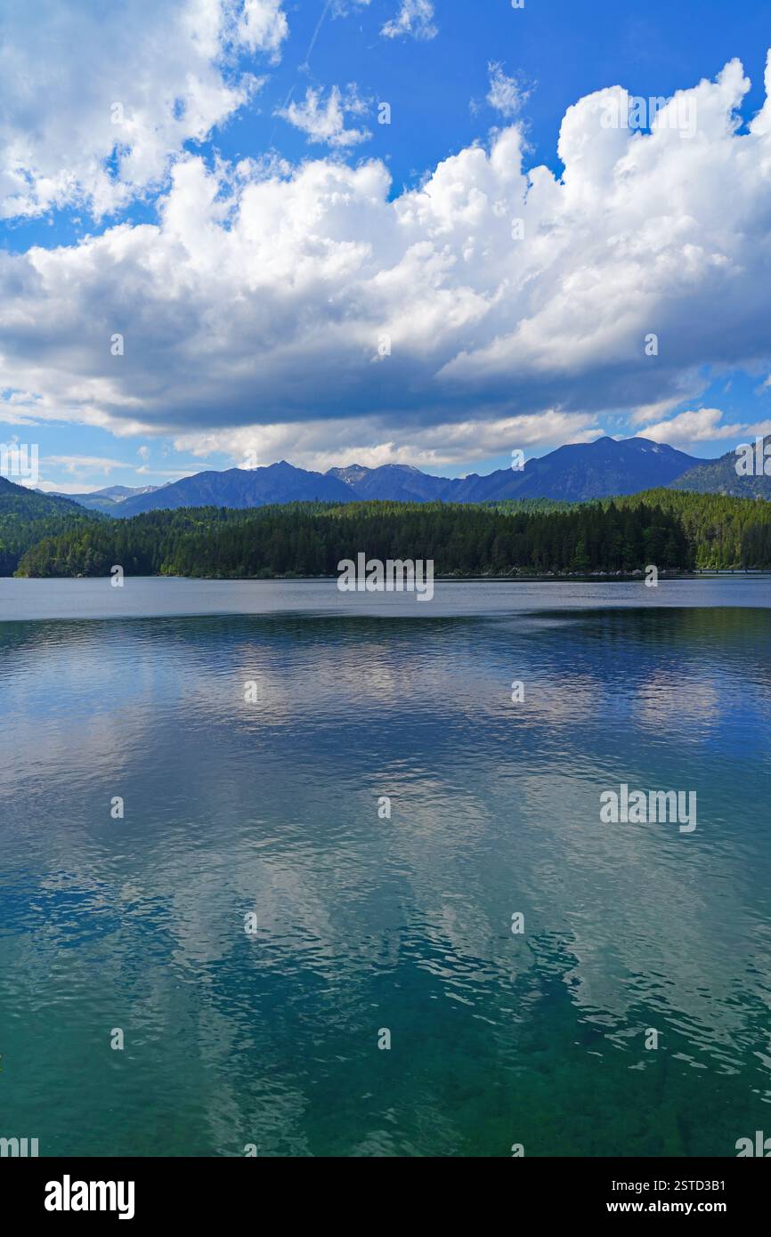 Summer view of Lake Eibsee in Bavaria, Germany, base of the Zugspitze ...