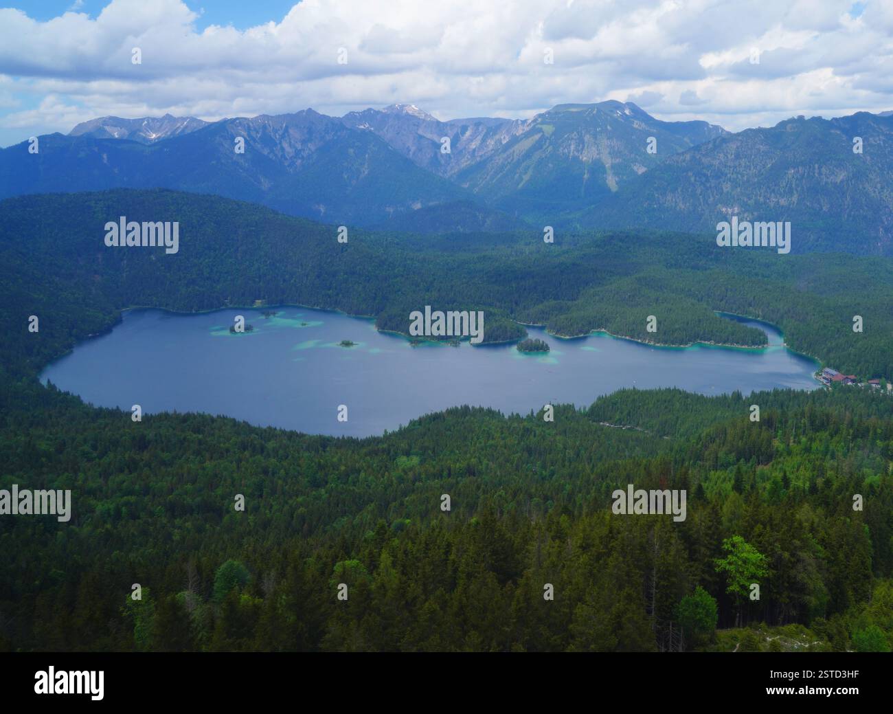 Summer view of Lake Eibsee in Bavaria, Germany, base of the Zugspitze ...