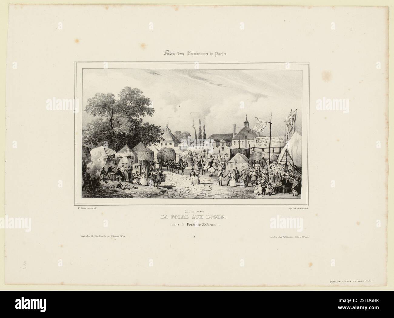 Country feast scene with various entertainment, tents, and a sign featuring 'Crobady Funambul.' The Maison des Loges is in the background. Stock Photo