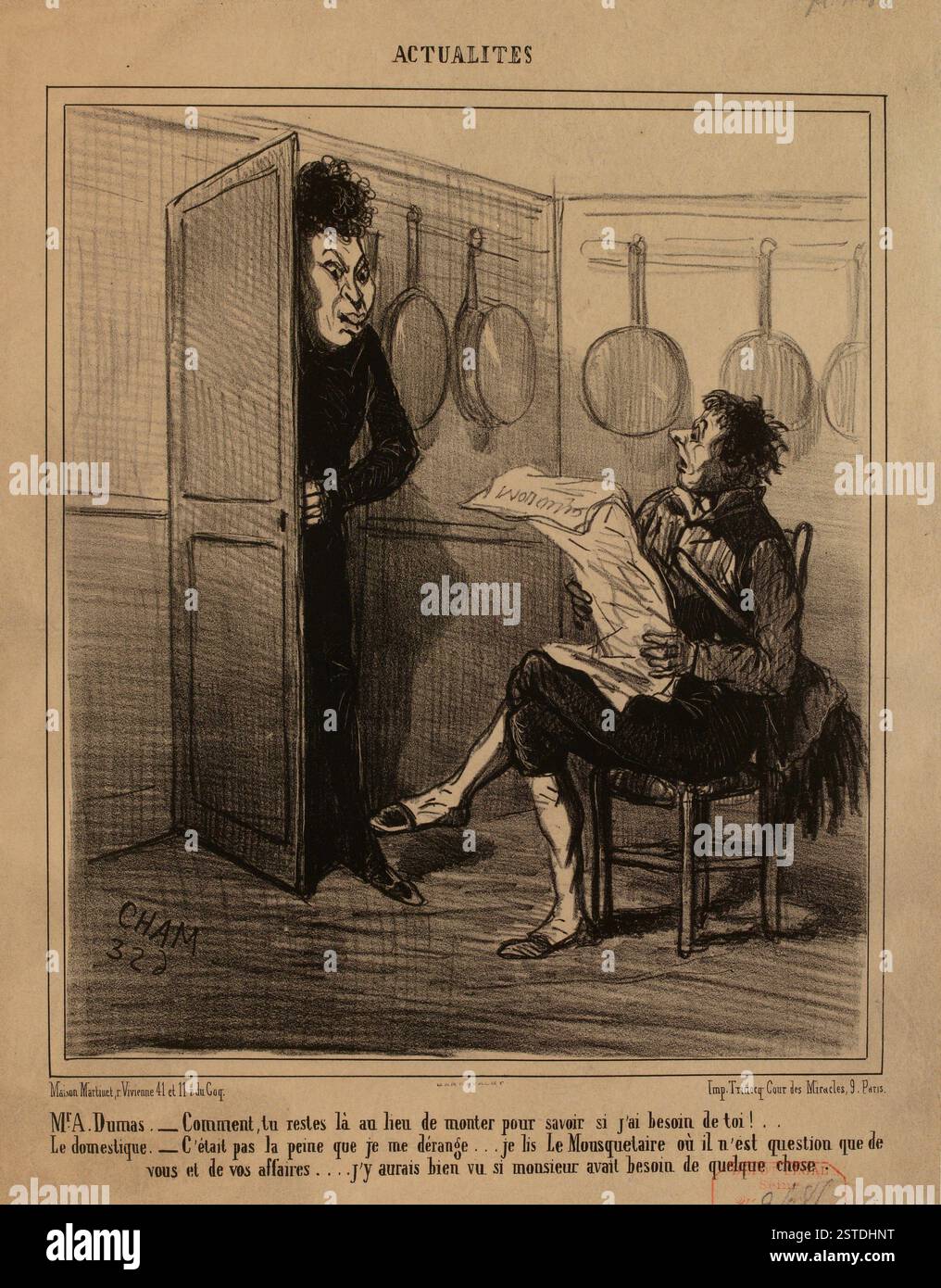 A front page of the satirical French journal 'Le Charivari,' known for its political cartoons and humor. The journal was widely circulated in the 19th century and critiqued social and political issues of the time. Stock Photo