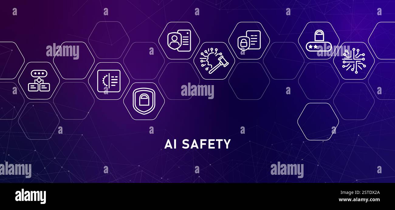 AI safety gradient header modern smart machine learning data security database programming protection cybersecurity system technology development AI Stock Vector