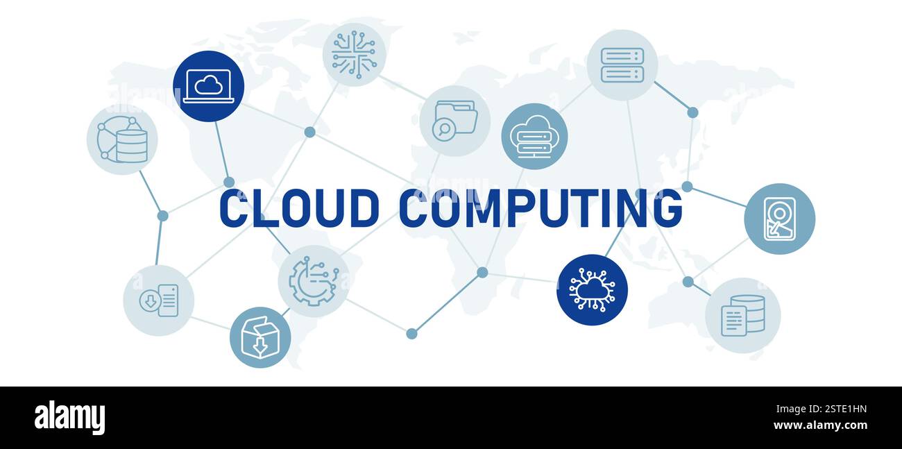 Cloud computing icon set with illustration data storage management syncing document access upload download connection computing system design Stock Vector