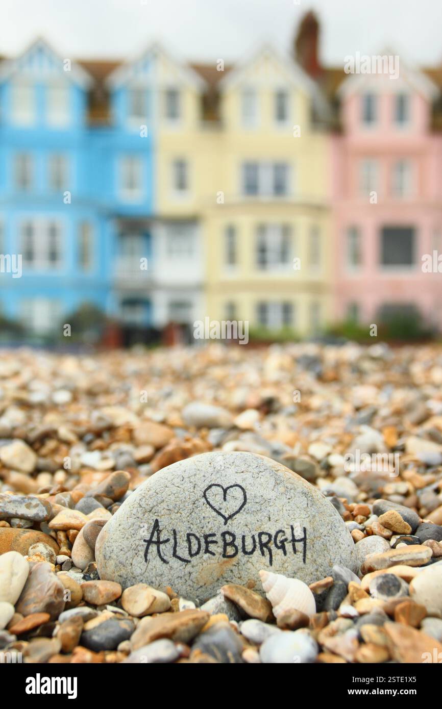 Aldeburgh, Suffolk. Pastel coloured villas by the pebble beach at Aldeburgh, a pretty English seaside town in the East of England, Suffolk, UK Stock Photo