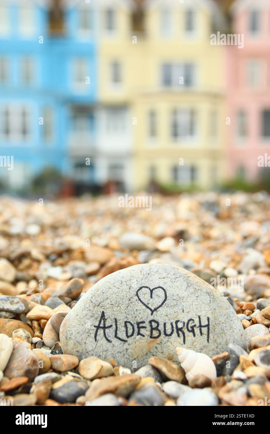 Aldeburgh, Suffolk. Pastel coloured villas by the pebble beach at Aldeburgh, a pretty English seaside town in the East of England, Suffolk, UK Stock Photo