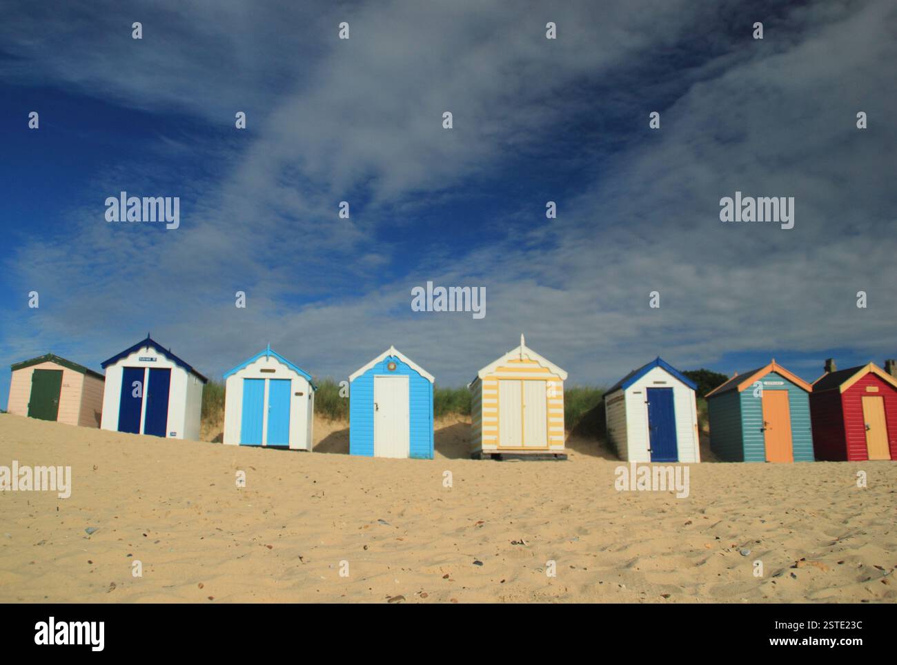 Southwold beach. Beach huts on Southwold beach in summer, Suffolk, UK. Stock Photo