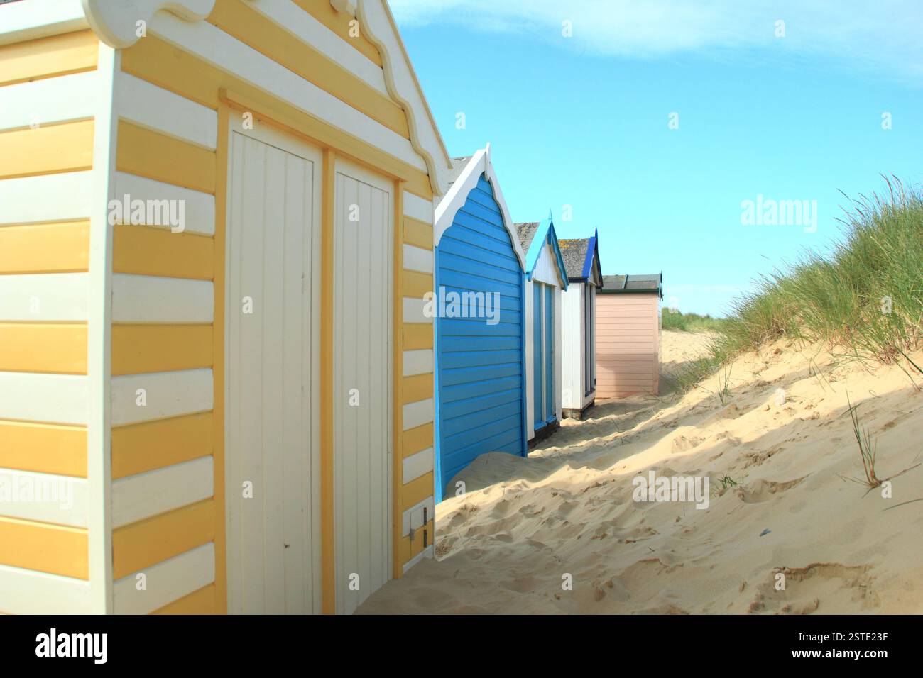 Southwold beach. Beach huts on Southwold beach in summer, Suffolk, UK. Stock Photo