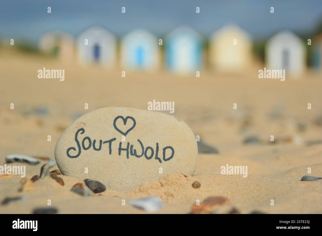 Southwold beach. Beach huts on Southwold beach in summer, Suffolk, UK. Stock Photo