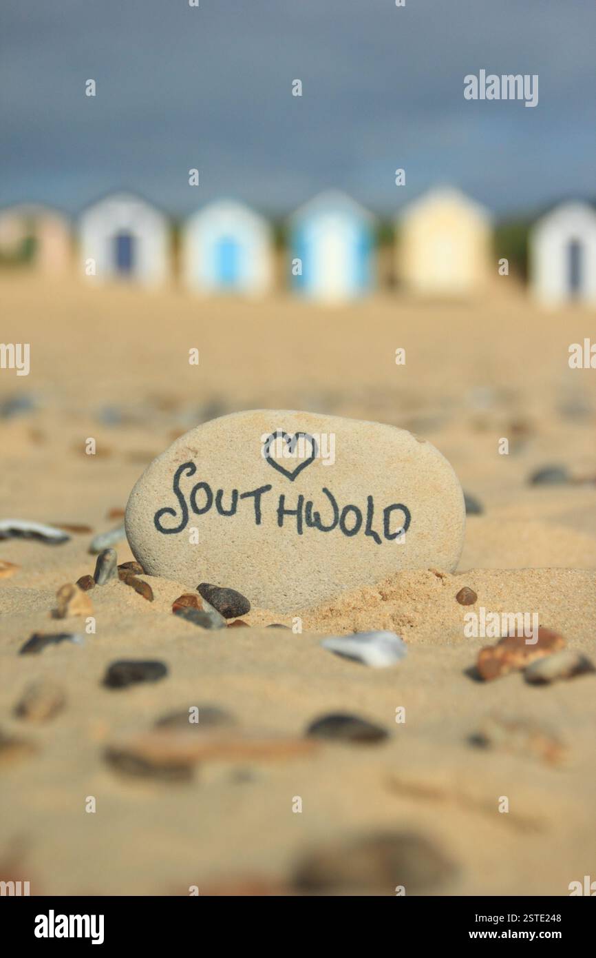 Southwold beach. Beach huts on Southwold beach in summer, Suffolk, UK. Stock Photo