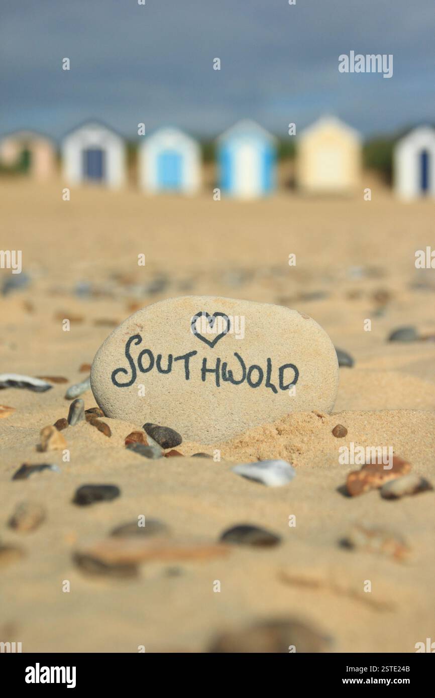 Southwold beach. Beach huts on Southwold beach in summer, Suffolk, UK. Stock Photo