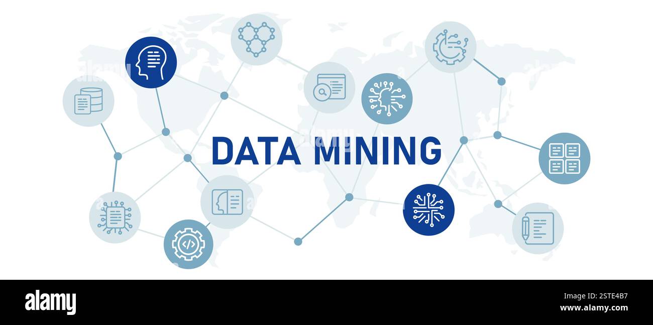 Data mining icon set with illustration file document management smart technology system programming computing AI artificial intelligence exploring Stock Vector