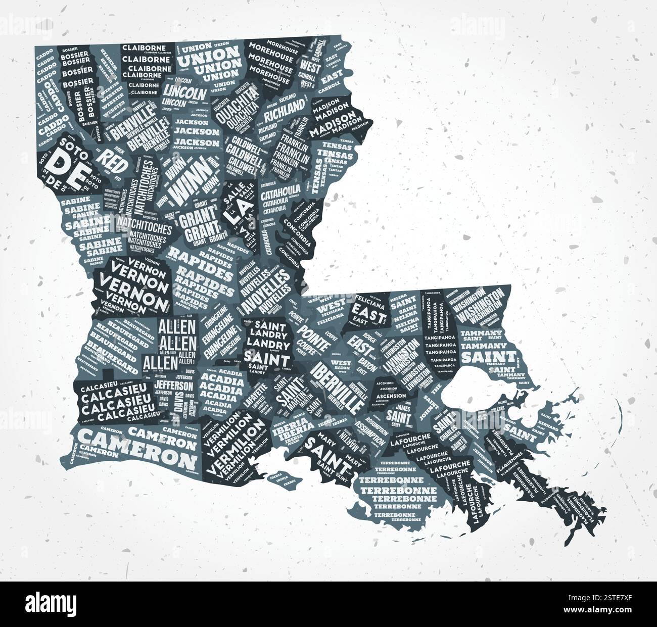 Louisiana counties word clouds. State shape on textured background. Louisiana design in typographic style. Amazing vector illustration. Stock Vector