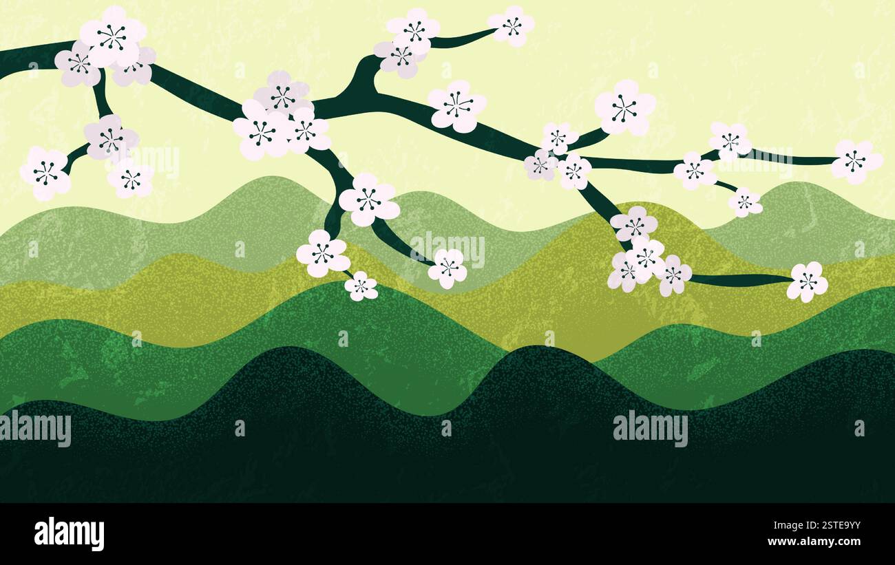Cherry Blossom Branch with Mountains in the Background, Minimalist ...