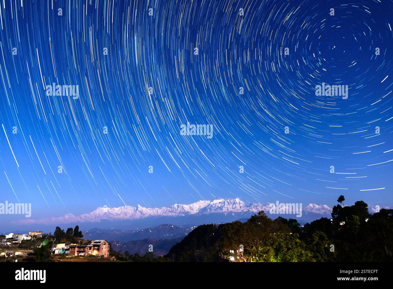 Star trails over Bandipur, Nepal Stock Photo