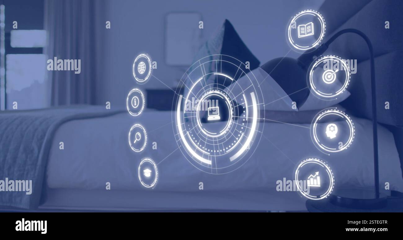 Digital interface icons image over person using laptop on bed Stock Photo