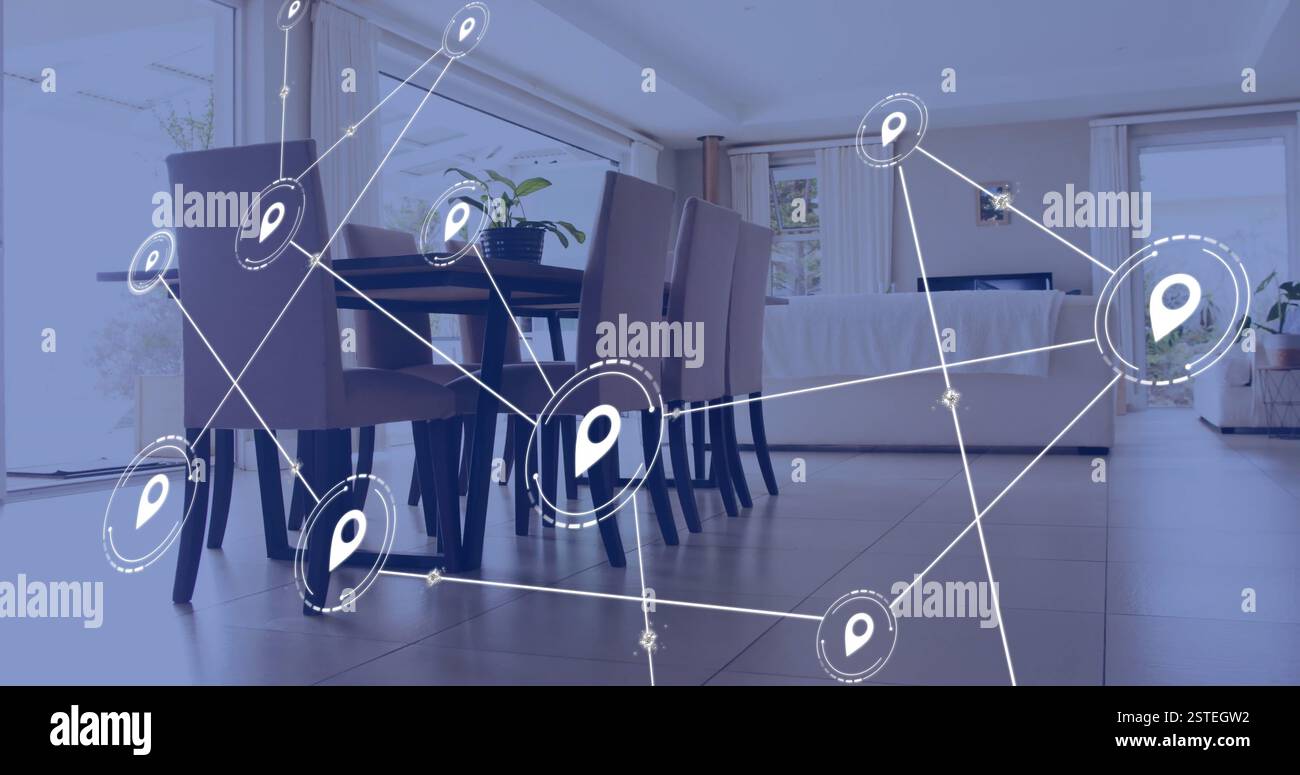 Image of network of connections with icons over house interior Stock ...