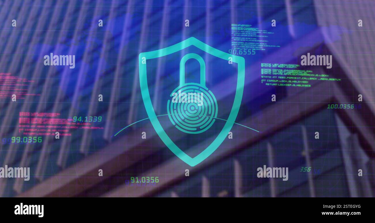 Digital security shield with lock image over skyscraper background Stock Photo
