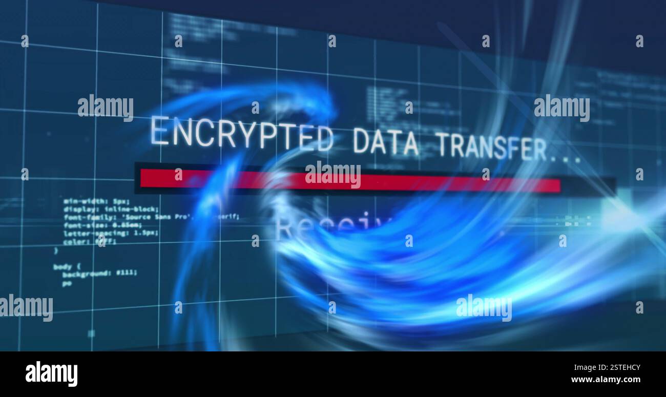 Encrypted data transfer text image over digital code and blue swirling graphics Stock Photo