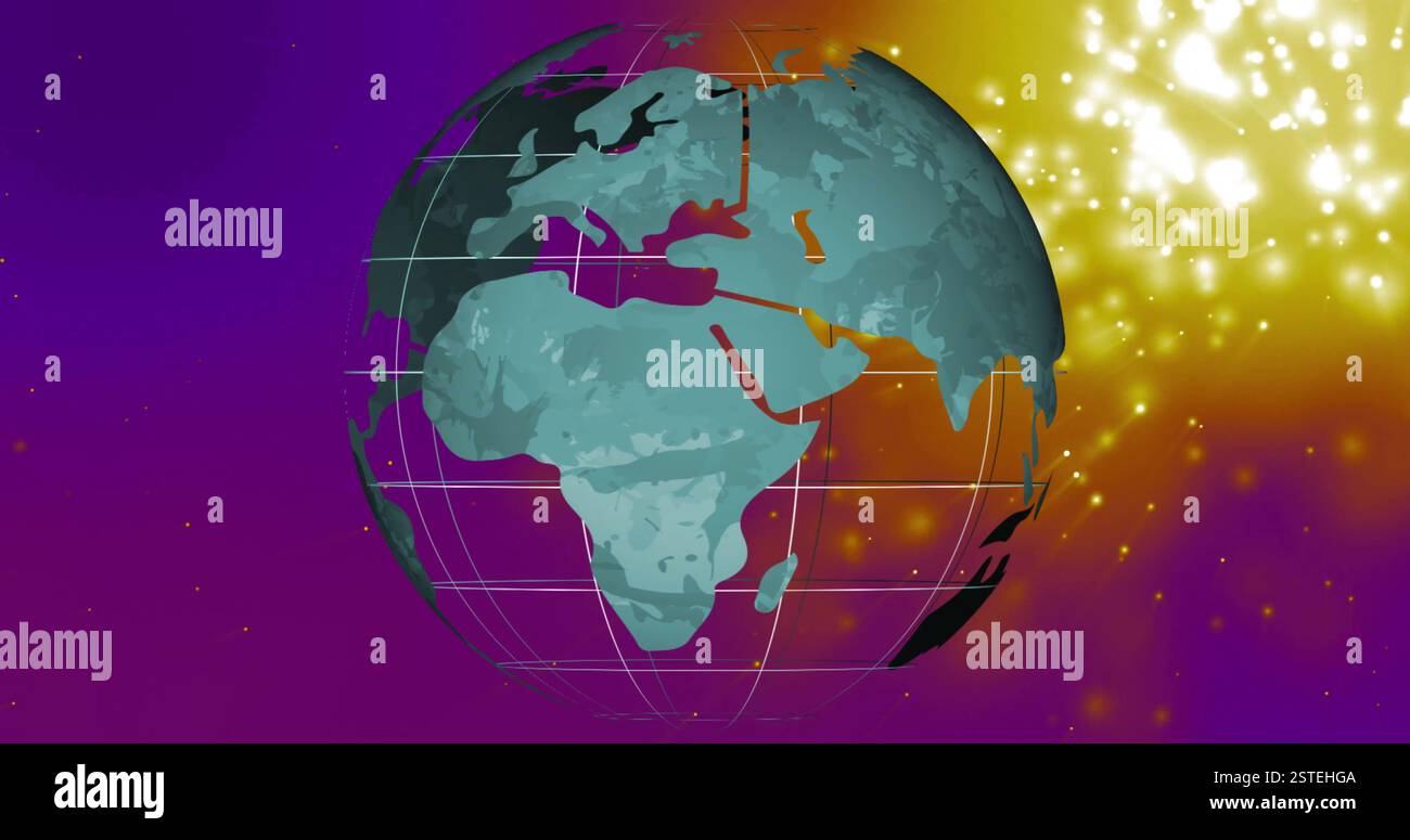 Rotating globe image over colorful background with glowing particles Stock Photo