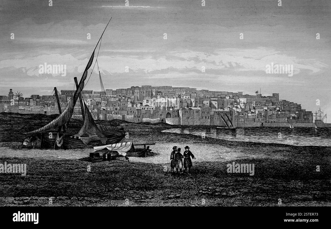 Port City of Jaffa from Antique 19th Century The Practiacl and Devotional Family Bible with Commentaries of Henry and Scott Condensed by the Reverend Stock Photo