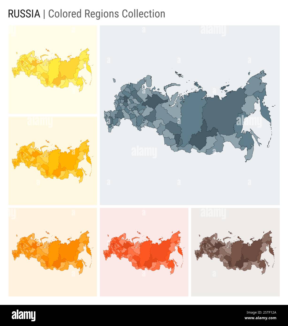 Russia map collection. Country shape with colored regions. Blue Grey, Yellow, Amber, Orange, Deep Orange, Brown color palettes. Stock Vector