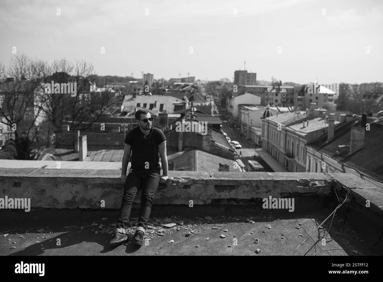 Man in denim posing Black and White Stock Photos & Images - Alamy