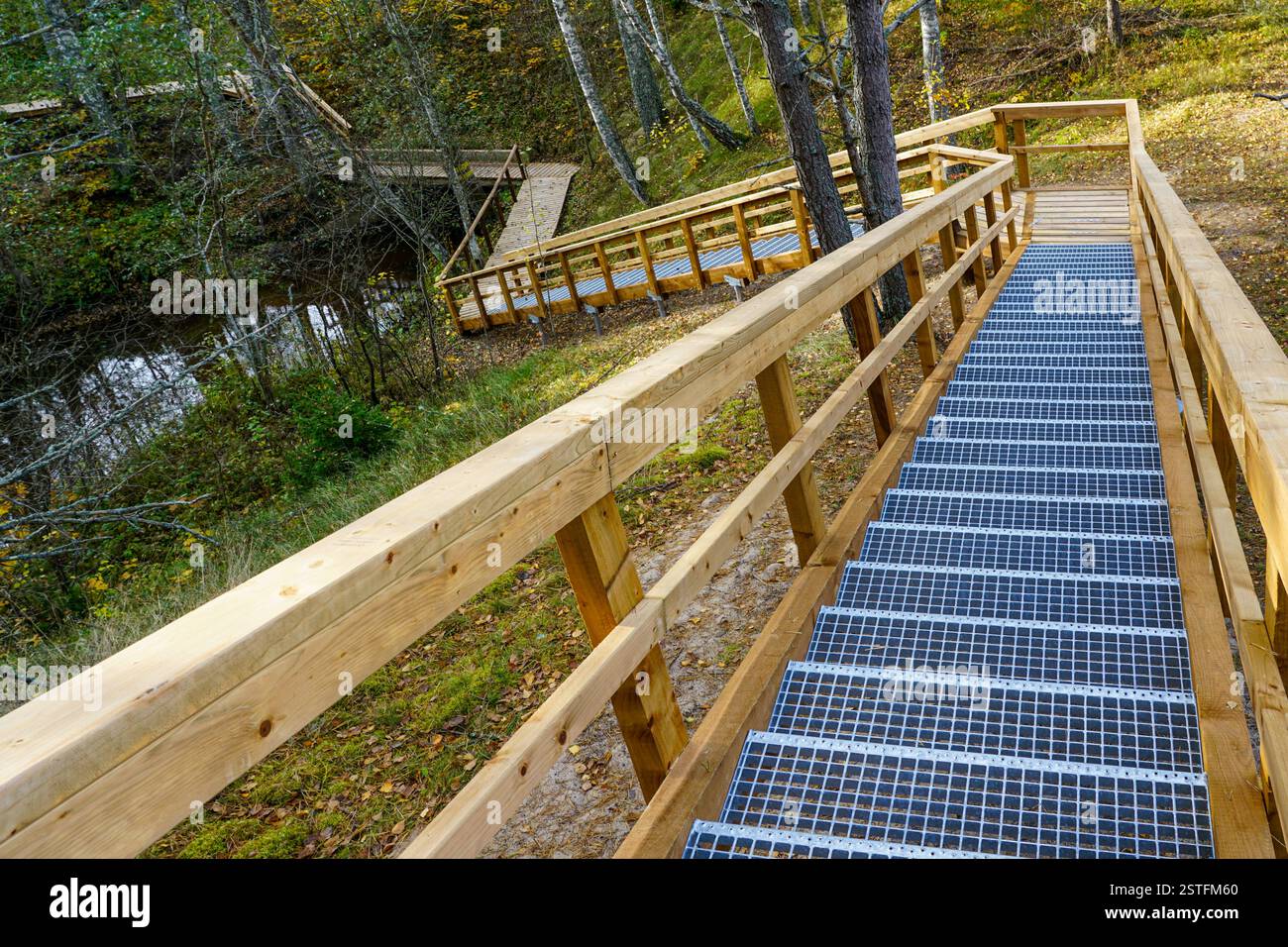 New high stairs in a nature park with galvanized metal lattice ...