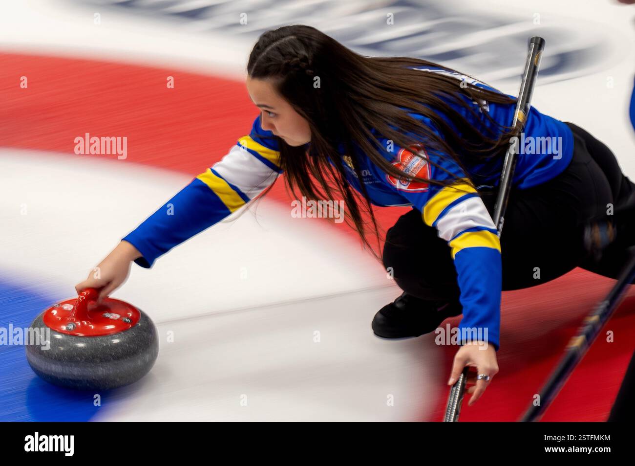 Thunder Bay, Canada. 18th Feb, 2025. Alberta skip Kayla Skrlik delivers a rock during Scotties