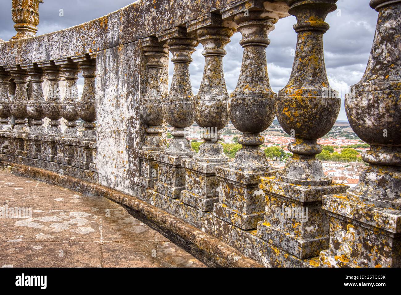 Old weathered moss covered gray granite balustrade railing Stock Photo ...