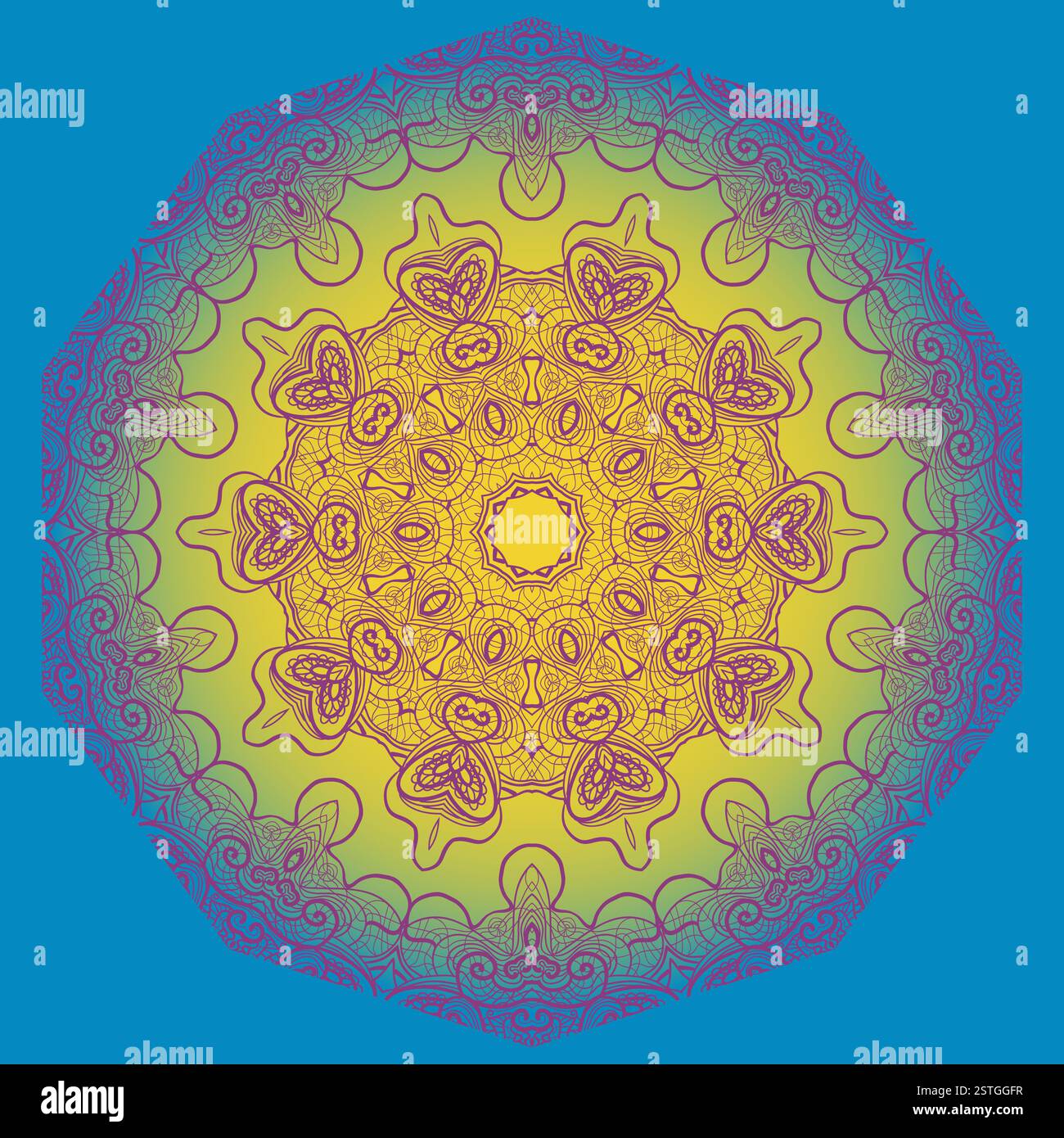 Decorative frame pattern drawn in the oriental style blue and yellow color, vector illustration Stock Photo