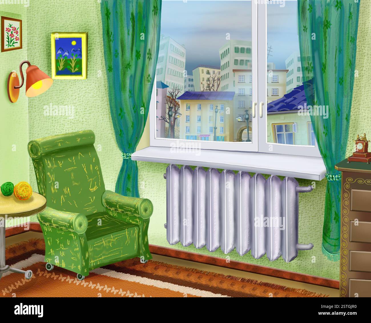 Digital Painting, Illustration of a Cartoon Room Interior with Armchair ...