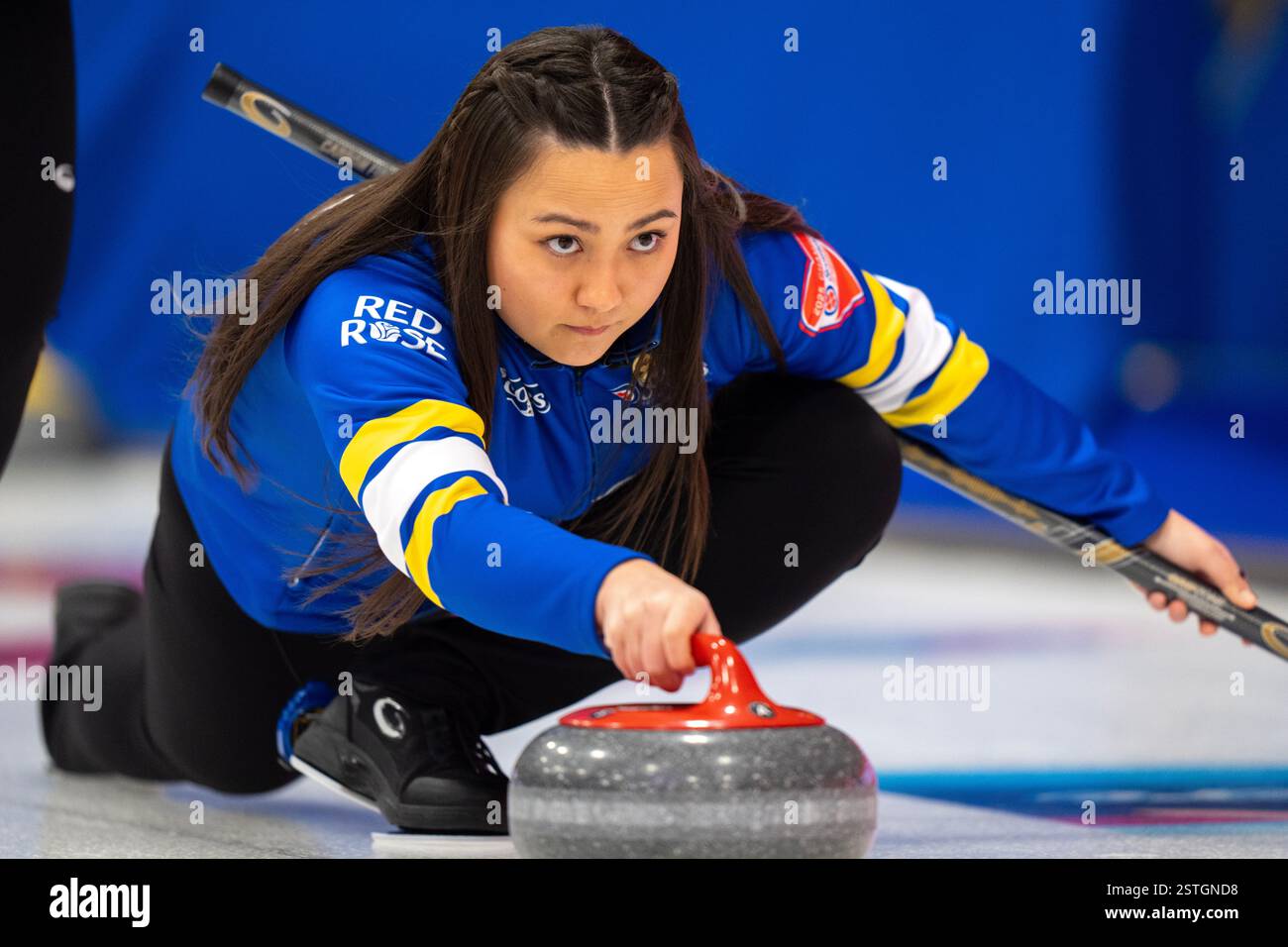 Thunder Bay, Canada. 18th Feb, 2025. Alberta skip Kayla Skrlik delivers a rock during Scotties
