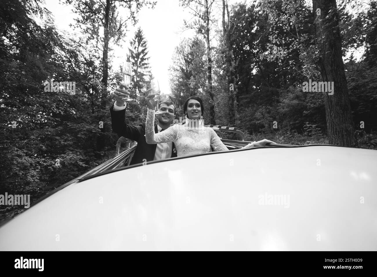 the bride and groom traveling in the car Stock Photo - Alamy