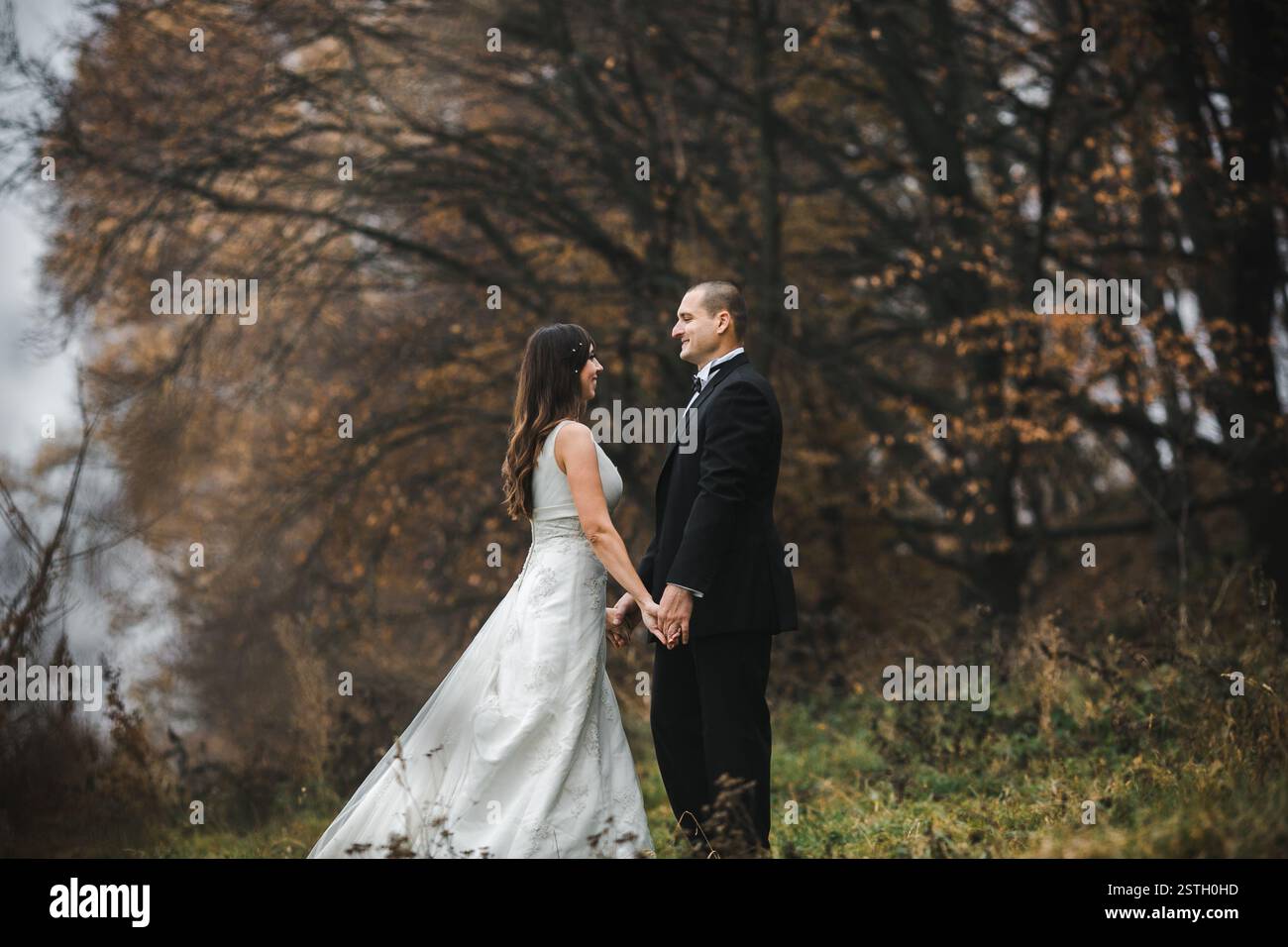 happy bride and groom walking in the autumn forest Stock Photo - Alamy