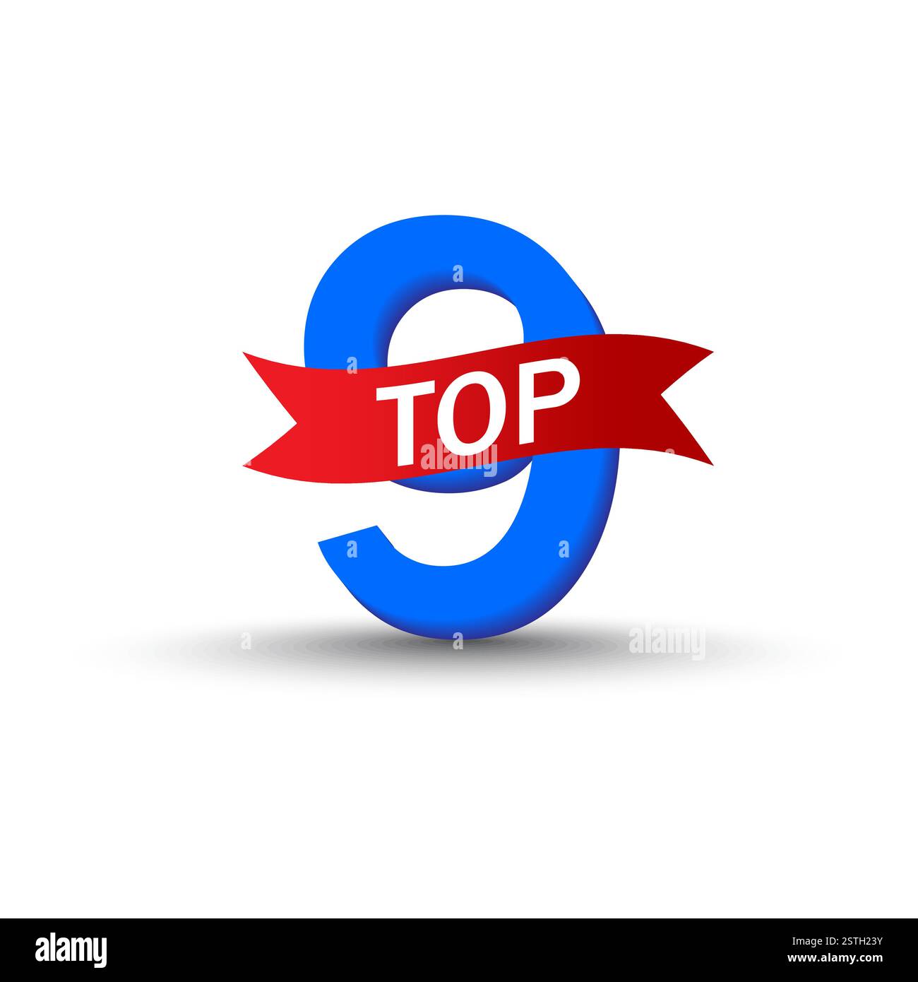 Blue 9 shape. Red TOP ribbon. Vector ranking icon. Bold numeric design. Stock Vector