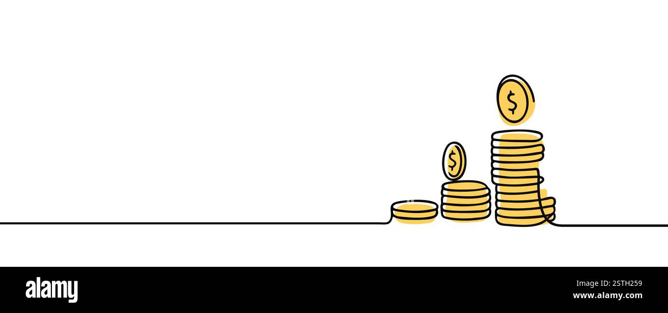 Stacks of coins in one continuous line drawing. Coins money symbol of financial success and investment business. Coins money in simple linear style Stock Vector