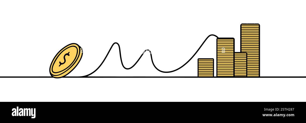 Stacks of coins in one continuous line drawing. Coins money symbol of financial success and investment business. Coins money in simple linear style Stock Vector