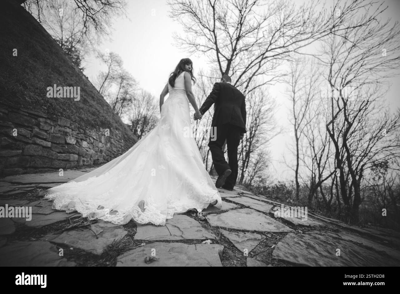 happy bride and groom walking in the autumn forest Stock Photo - Alamy