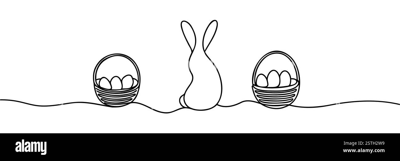 Silhouette of Easter bunny with basket of eggs. Continuous one line ...