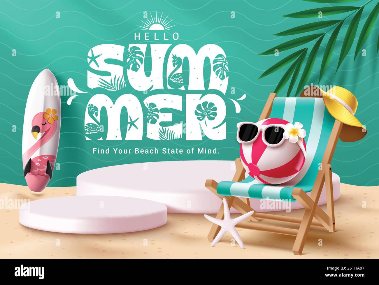 Hello summer podium clipart background design summer greeting text in