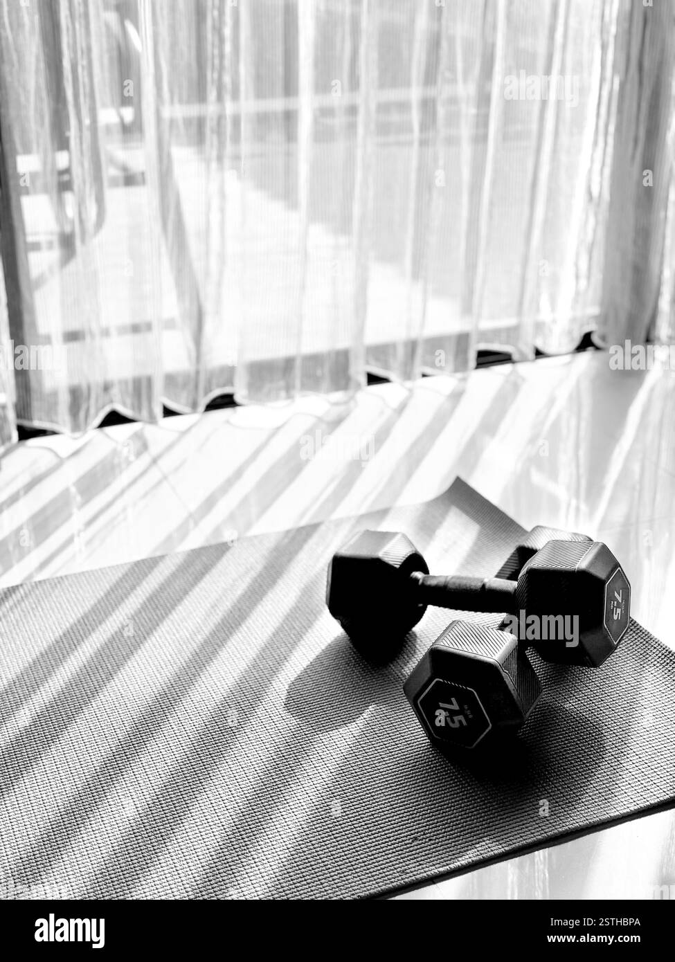 Dumbbells and Yoga Mat in Natural Light Hexagonal 7.5 kg dumbbells resting on a textured yoga mat, illuminated by natural light filtering through a cu - Smartphone Captured Stock Image