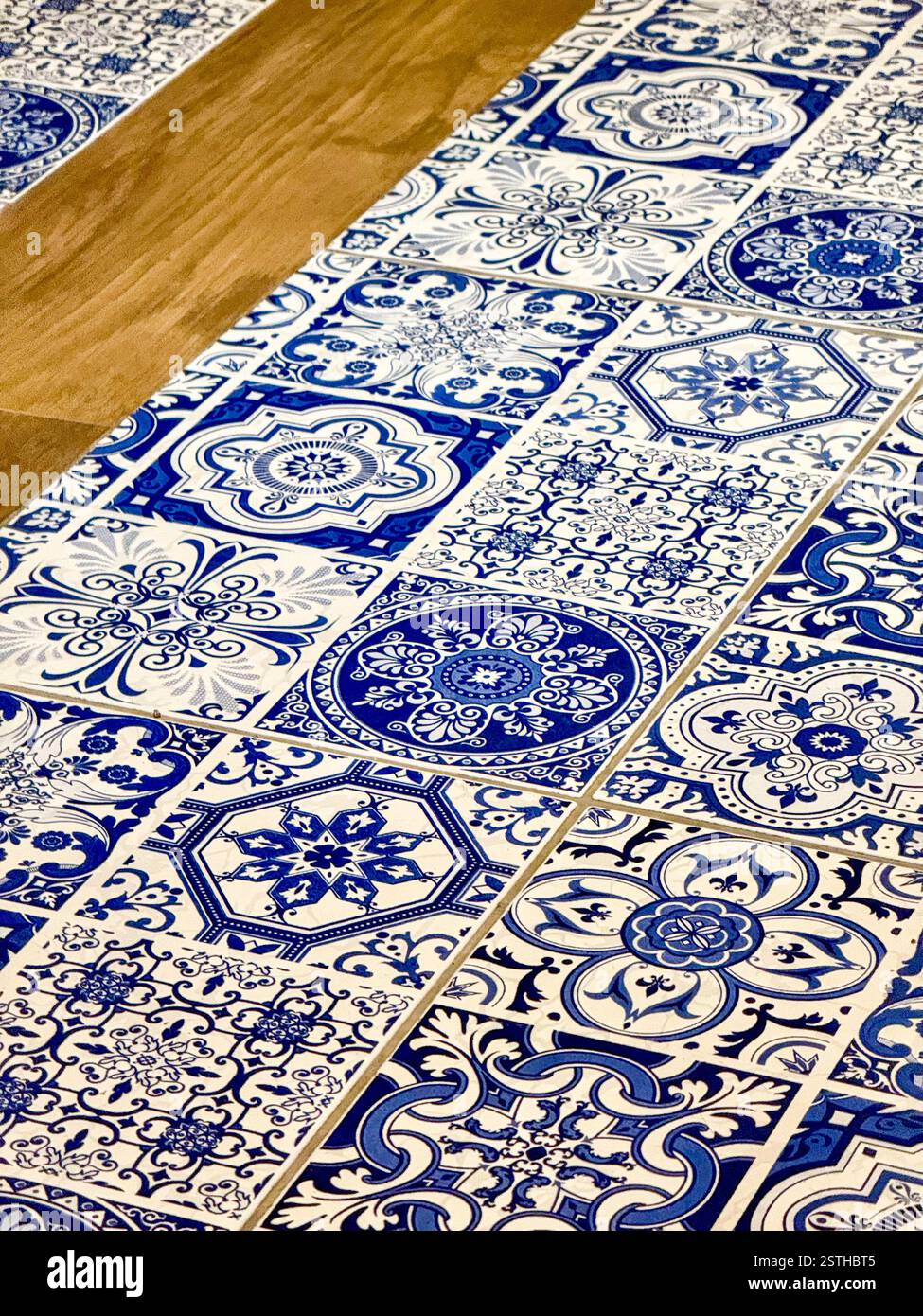 Blue and White Ceramic Tiles with Decorative Patterns  Close-up of ceramic tiles with intricate blue and white patterns, alternating with wooden plank - Smartphone Captured Stock Image